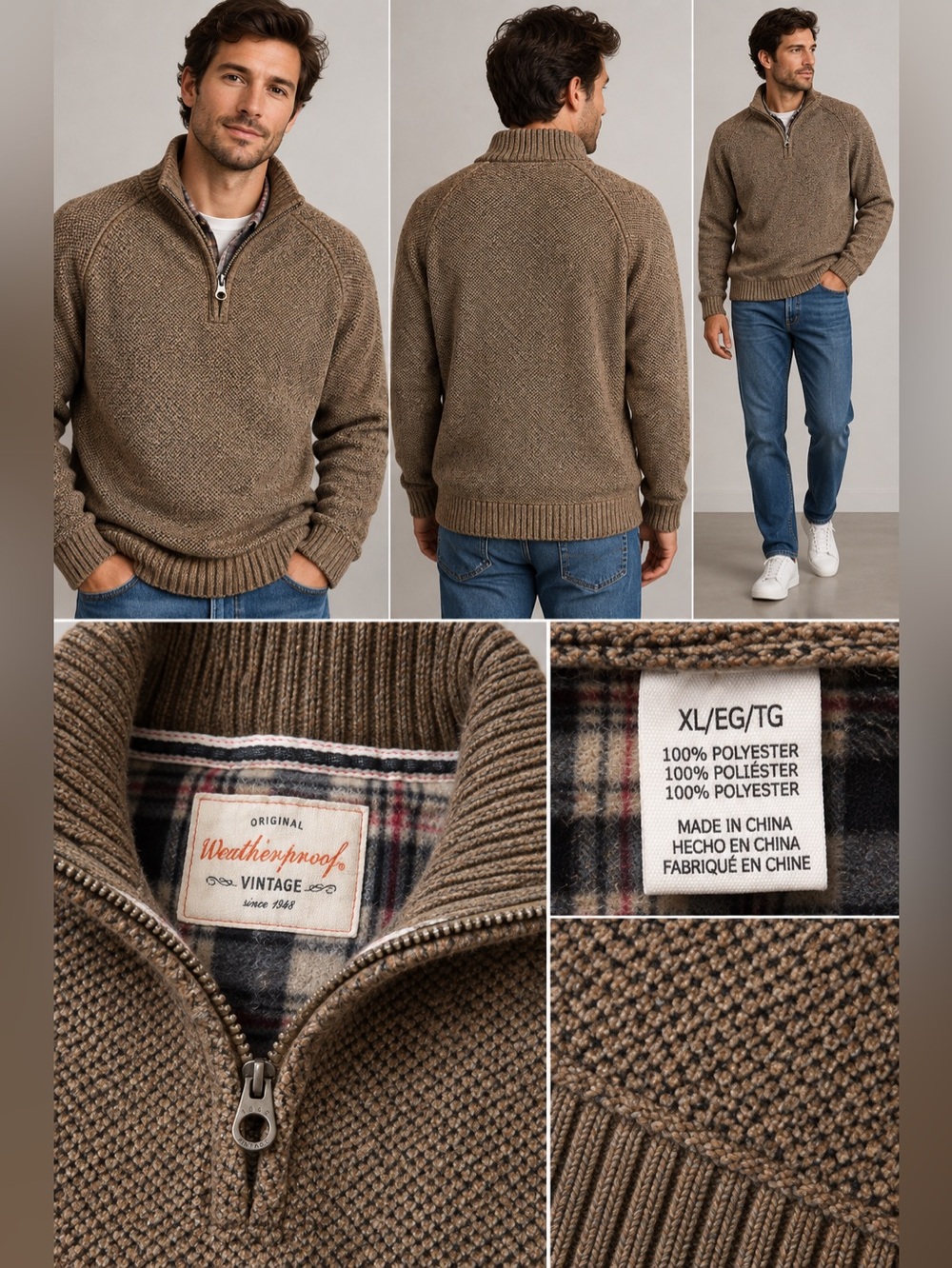 Weatherproof Vintage Men’s XL Brown Quarter Zip Textured Sweater Plaid